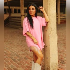 Pink Tshirt dress with rhinestone fringe from Wild Junkie only Boutique.